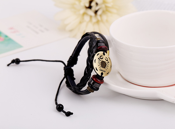 Bronze Alloy Leather Beaded Bracelet Cancer Constellation Leather Bracelet display picture 2