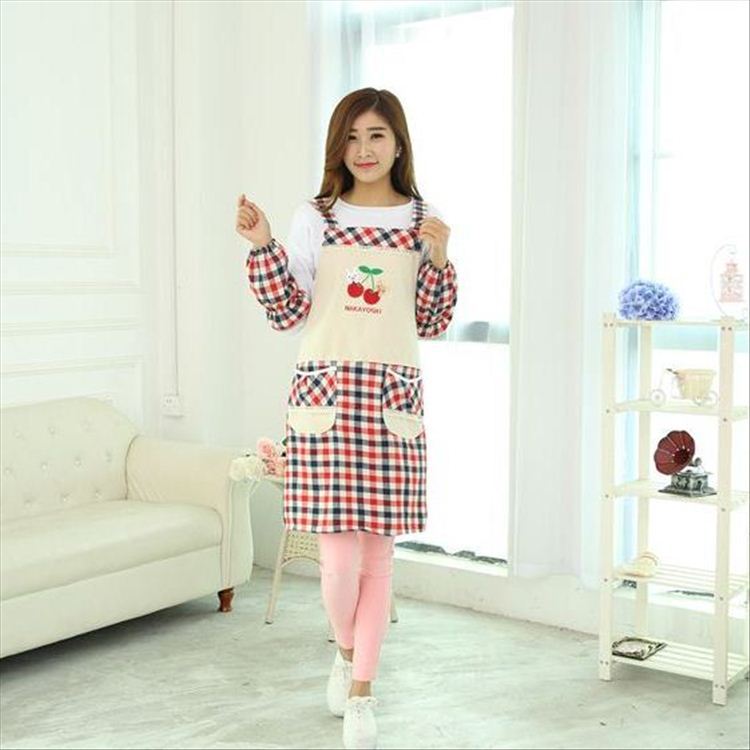 Liquidación casa moda coreana cocina lindo Plaid con ovissleeves manicura empleado ropa de trabajo traje delantal