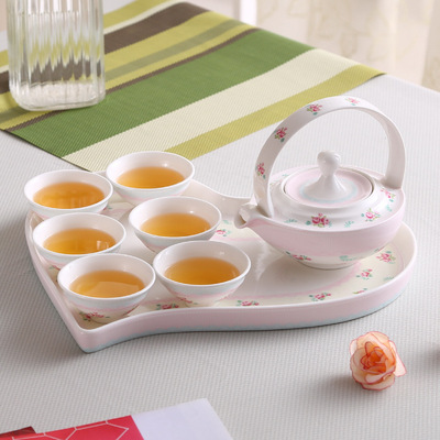 廠家直銷 新婚敬茶用品心形盤田園全套茶具套裝 創意結婚茶具批發
