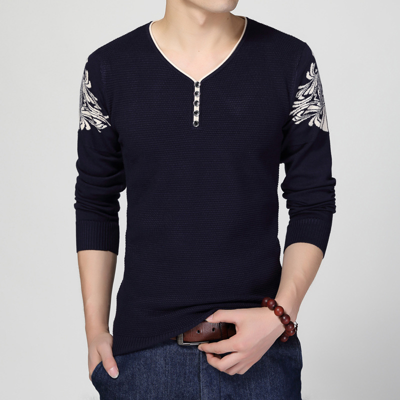 漂泊者秋冬薄款韩版男式V领毛衣 提花修身青年针织衫大码打底衫潮|ms