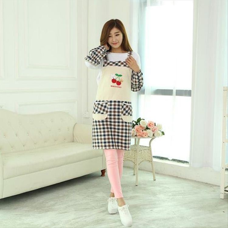 Liquidación casa moda coreana cocina lindo Plaid con ovissleeves manicura empleado ropa de trabajo traje delantal