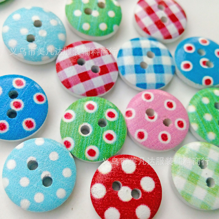 15MM木质彩绘纽扣 格子波点扣子