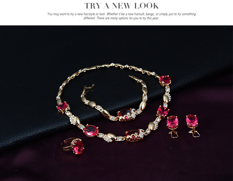 Fashion geometric inlaid diamond semi-precious stones four-piece jewelry set