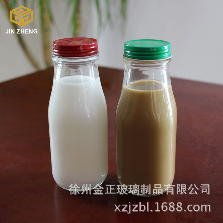 厂家现货供应透明牛奶瓶 300ml含彩色盖奶茶玻璃瓶咖啡瓶