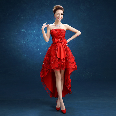 红色敬酒服2021新款新娘前短后长礼服抹胸款立体花朵结婚宴