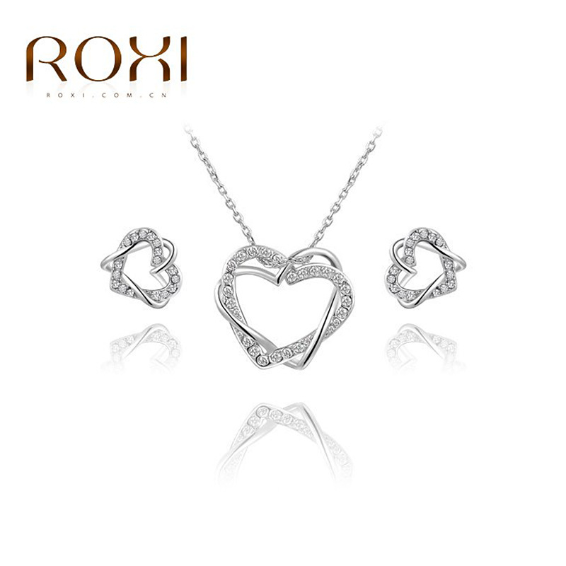 ROXI時尚套裝韓版時尚首飾批發 白金雙心纏繞耳釘+項鏈兩件套裝