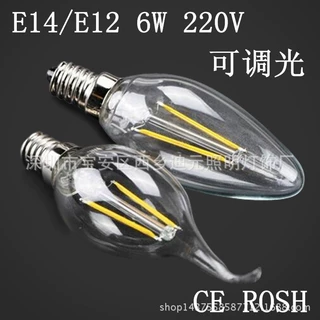 LED水晶蜡烛灯丝灯E14/E12/E27 C35钨丝灯6W可调光220V爱迪生灯泡