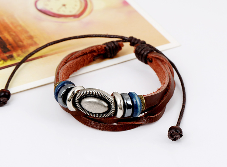 Europäischer Und Amerikanischer Schmuck Hand Geschreite Holz Perlen Gewebtes Rindsleder Armband Student Leder Armband Gemischte Chargen Versorgung Großhandel display picture 3