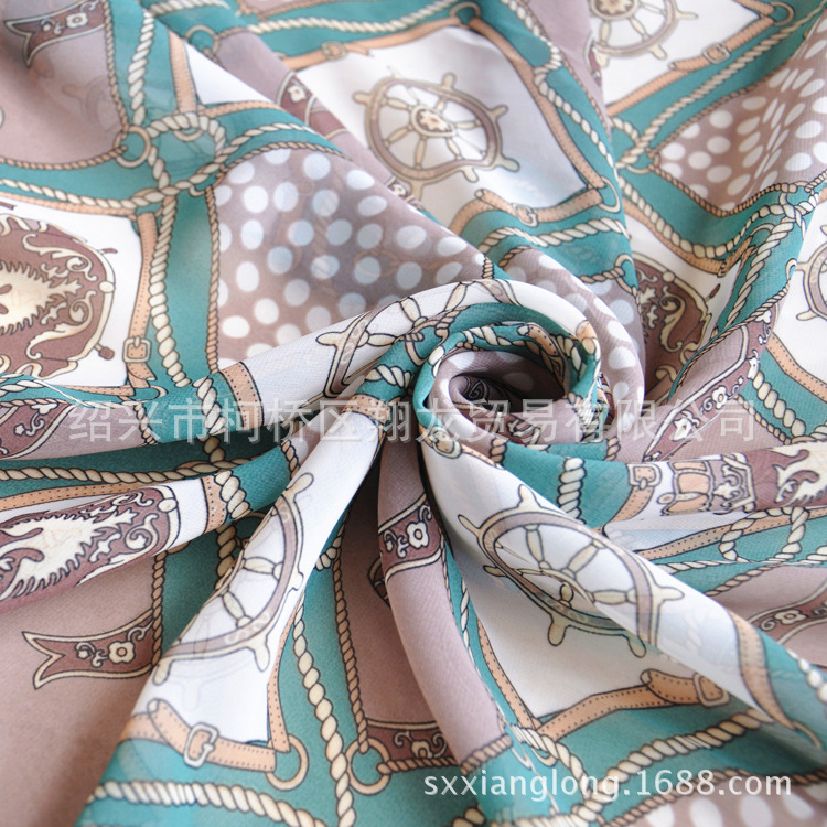 【翔龙印花 XL319】新品 时尚连衣裙几何方块链条绳索彩旗雪纺布