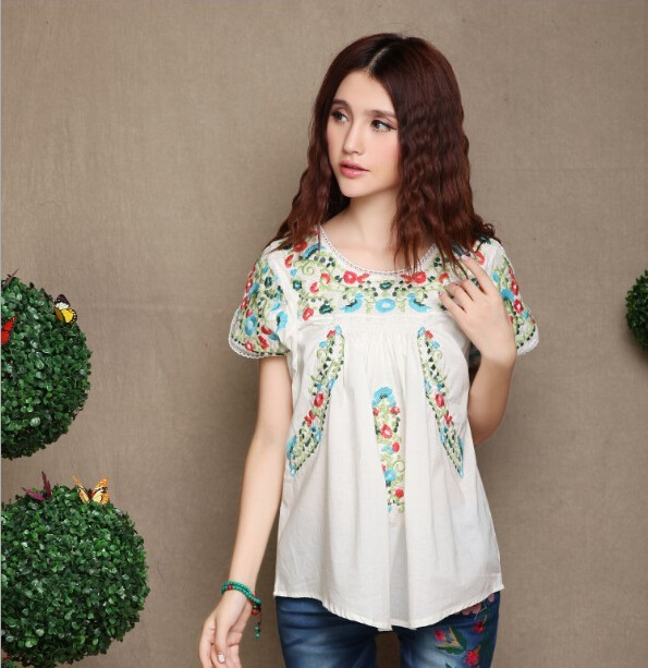 4 Colors! Factory Direct Sales! Ethnic Style Floral Embroidery Summer Women's Shirt, Loose Fit, Plus Size, Elegant Travel Top