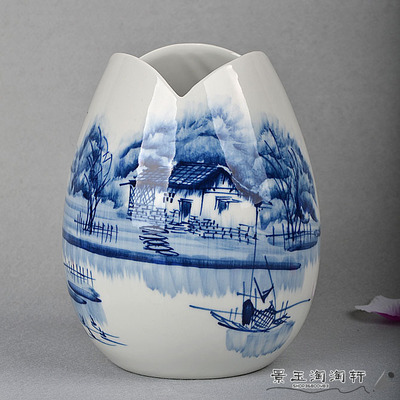 景德镇陶瓷青花艺术花瓶 中式工艺品花瓶 客厅摆件手绘江南水乡|ms