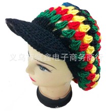 牙買加雷鬼帽rasta紅黃綠reggae音樂節 帶帽檐毛線針織帽鏤空款