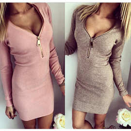 大量现货2018Ebay速卖通爆款 紧身包臀螺纹v领拉链开胸保暖长袖连