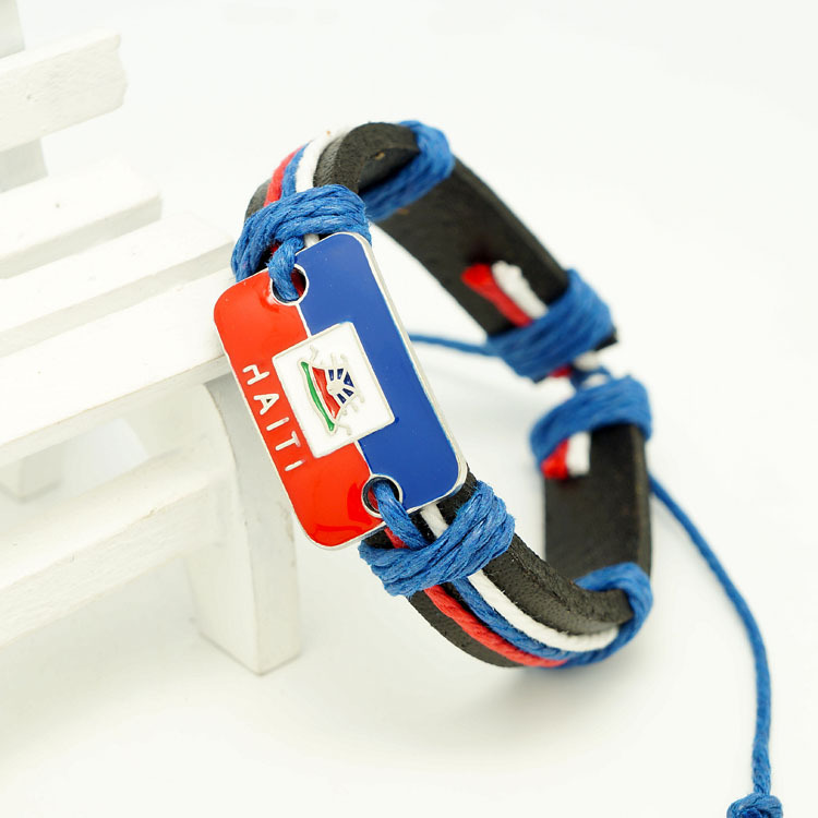 Colorful Braided Leather Bracelet European and American Retro Style Cowhide Bracelet Red Blue and White Color Rope Zinc Alloy Leather Bracelet Handmade