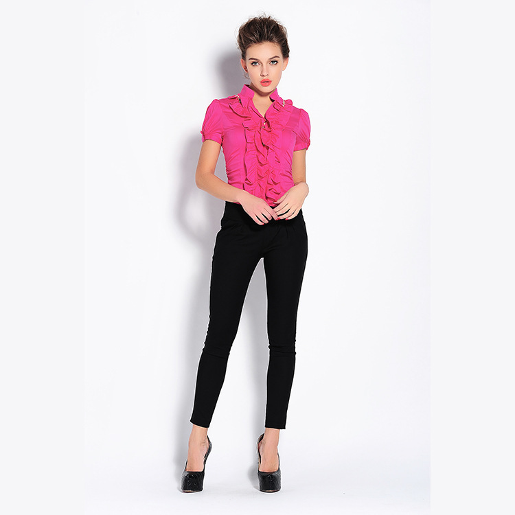 2025 Spring and Summer New Style Slim Fit Elastic Ruffled Metal Texture Women's Short-Sleeved One-Piece Shirt Women's Professional Wear 2025 Spring and Summer New Style Slim Fit Elastic Ruffled Metal Texture Women's Short-Sleeved One-Piece Shirt Women's Professional Wear