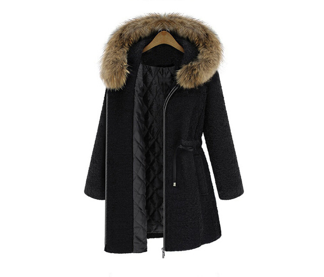 Fashion cotton overcoat woolen jacket with drawstring waist collar