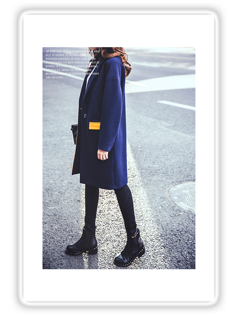 2015新品毛呢大衣休闲女装 长款时尚拼色翻领羊绒外套女式呢大衣