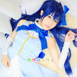 Cosplay日本动漫Love Live!园田海未 蓝色高温丝造型COS假发道具