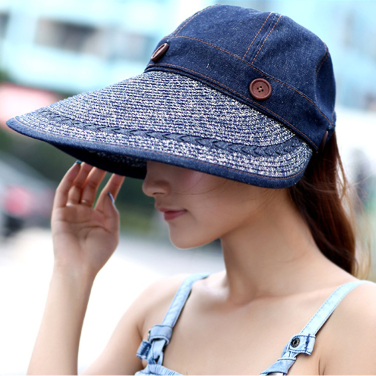 Korean Style Summer New Cycling Sun Hat Monochrome Canvas Fabric Empty Top Sun Straw Hat Denim Stitching Hat