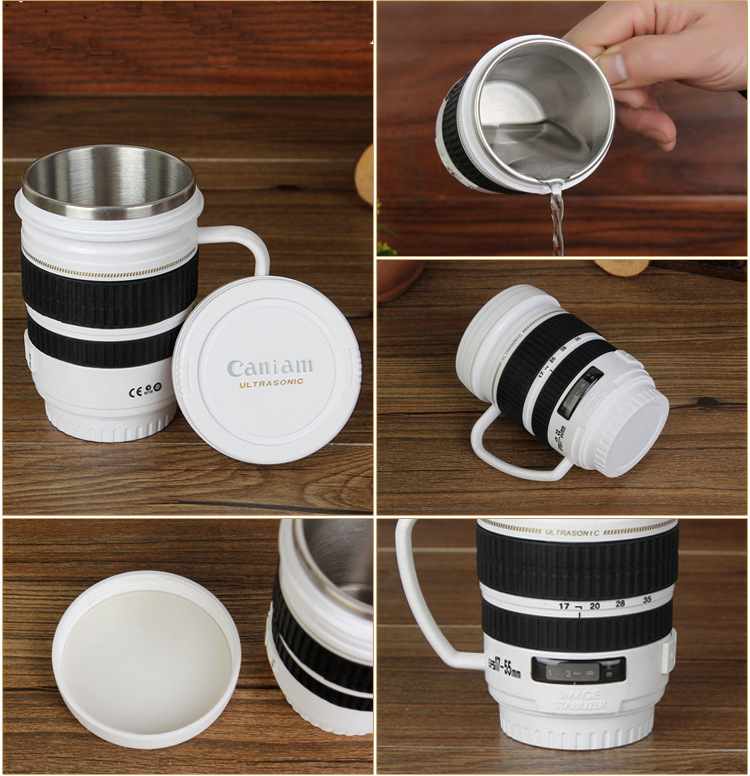 white camera lens mug with han