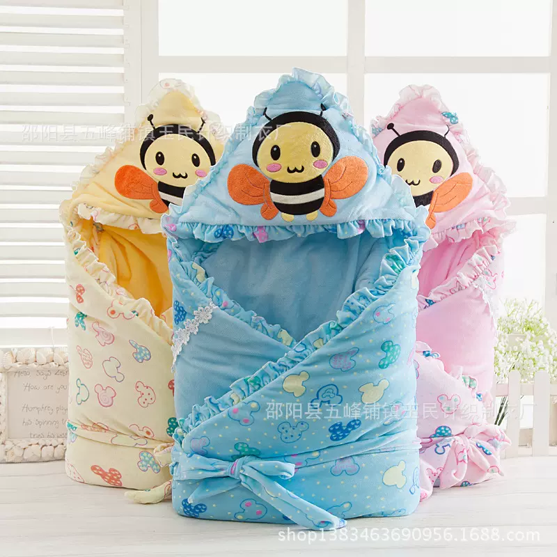 秋冬水晶绒花边婴儿包被 新生儿卡通加厚抱被睡袋 童睡袋春秋抱毯