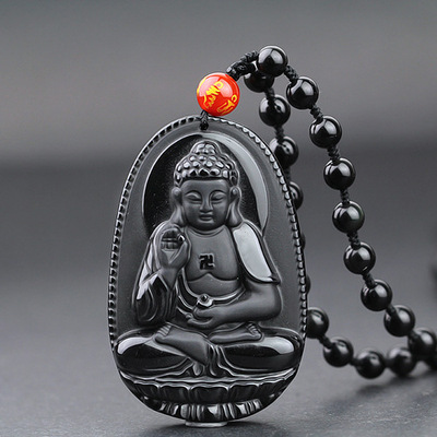 磨砂纯天然黑曜石吊坠正品八大生肖本命佛守护神男款女款水晶饰品|ms