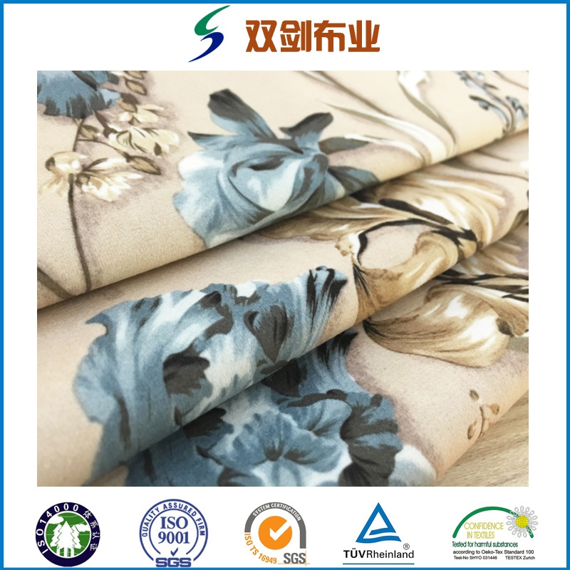 外贸热销沙发布全涤纸印花超柔沙发绒布面料 KS经编纸印花真超柔