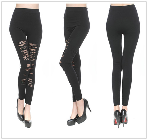 9640 European & American Seamless Ripped Lace Sexy Rose-Design Hollow Leggings Sheath Pants