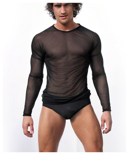 DAYU men's sexy long-sleeved T-shirt transparent mesh sexy top mesh casual home wear