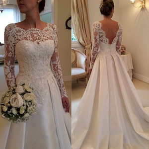 New foreign trade lace long sleeve hollowed back and back wedding dress