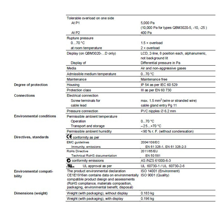 SIEMENS西门子QBM3020-10D 空气压差传感器 风压差压变送器带显示 西门子