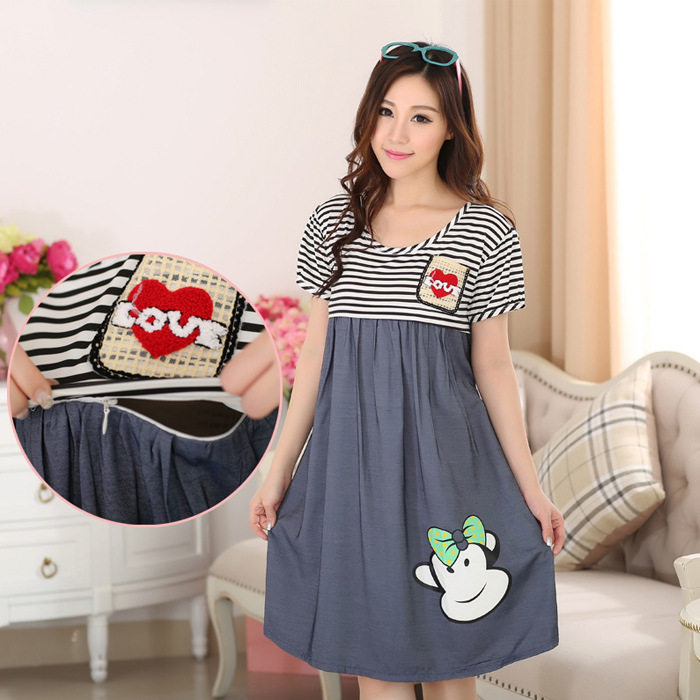 Pregnant Women's Nightdress Pure Cotton Summer Moon Dress Going Out Denim Breastfeeding Skirt Postpartum Thin Large Size Loose Breastfeeding Pajamas