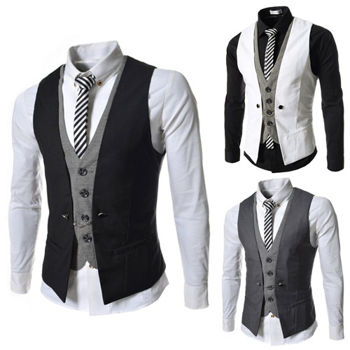 Fall 2015 new men's fake two piece Plaid matching slim fitting vest European large men's V-neck vest