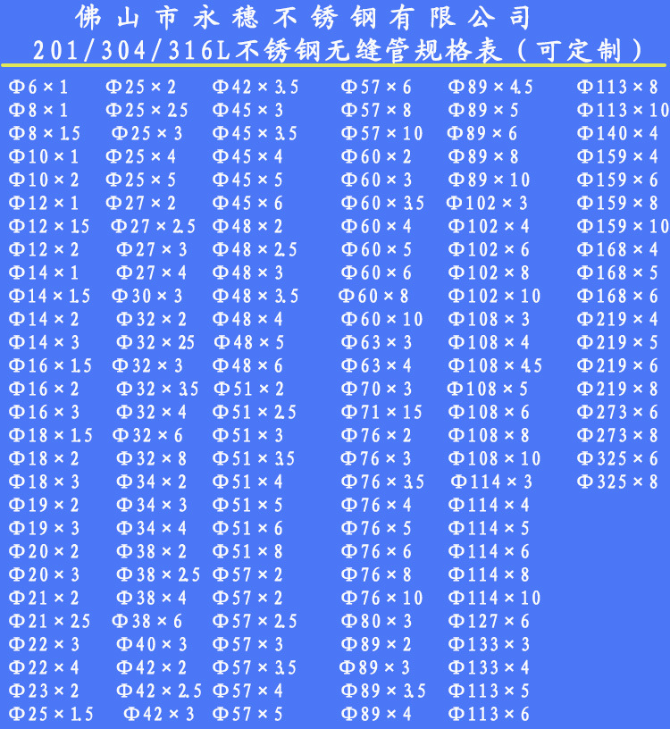 不锈钢无缝管规格表