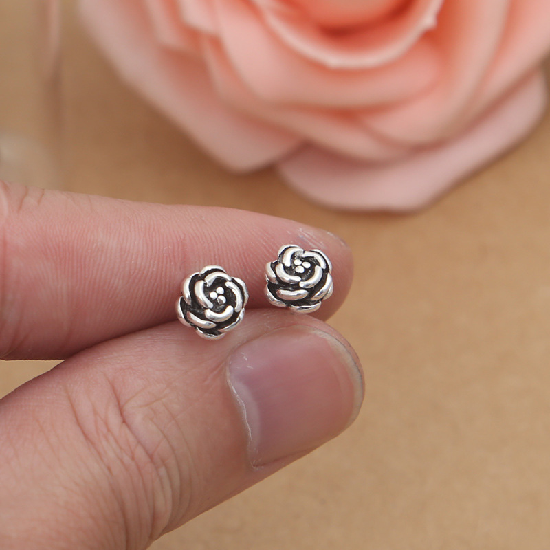 厂家批发s925纯银饰品 个性时尚男女款泰银玫瑰花耳钉 配银耳塞