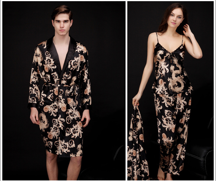 Yaoting Ice Silk Couple Pajamas Women's Summer Three-Piece Set Long Sleeve Men's Robe Bathrobe Loungewear_voghion.com