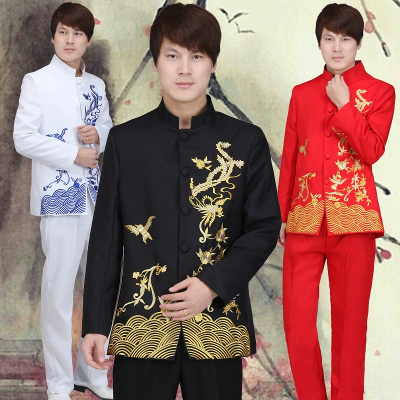 Новый сине-белый фарфоровый воротник-стойка этнический костюм Чжуншань сценическое выступление хор мужская одежда костюм хозяина MC костюм для выступлений