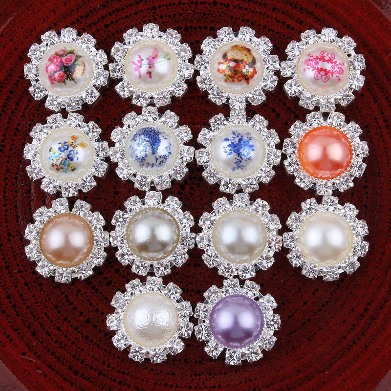 新品 中国风印花珍珠合金钻扣 唯美花盘水钻 手工DIY饰品材料