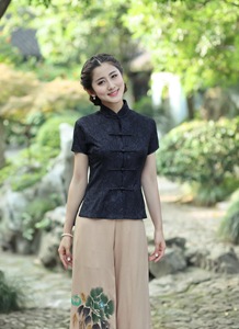 Tang suit top for women lace black cheongsam short sleeve women national top