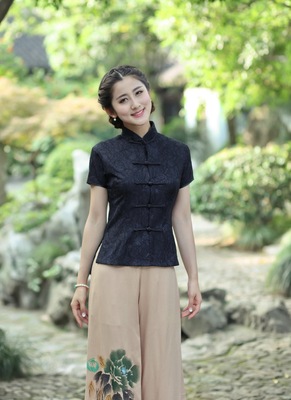 Tang suit top for women lace black cheongsam short sleeve women national top