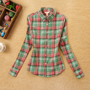 全棉磨毛格子衬衫女图片_全棉磨毛格子衬衫女