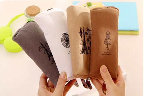 Korean version of zakka Paris memory nostalgic retro fabric pen bag canvas storage bag large capacity