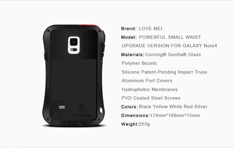 LOVE MEI Powerful Small Waist Water Resistant Shockproof Dust/Dirt/Snow Proof Aluminum Metal Outdoor Heavy Duty Case Cover for Samsung Galaxy Note 4