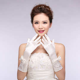 2024批发新娘婚纱礼服饰手套全指对花缎缝珠白色手套厂家直特价
