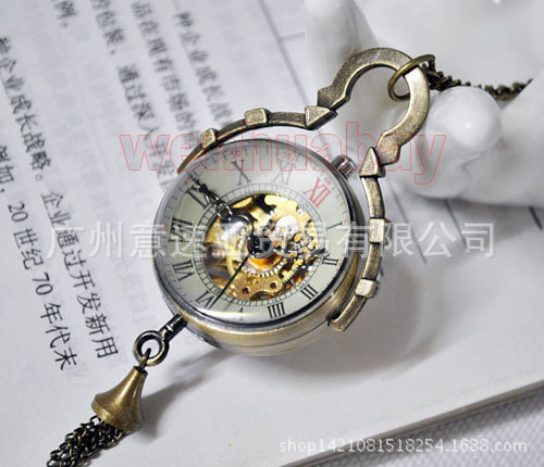 外貿貨源批發 經典復古圓球透明機械懷表掛表項鏈表時尚吊飾