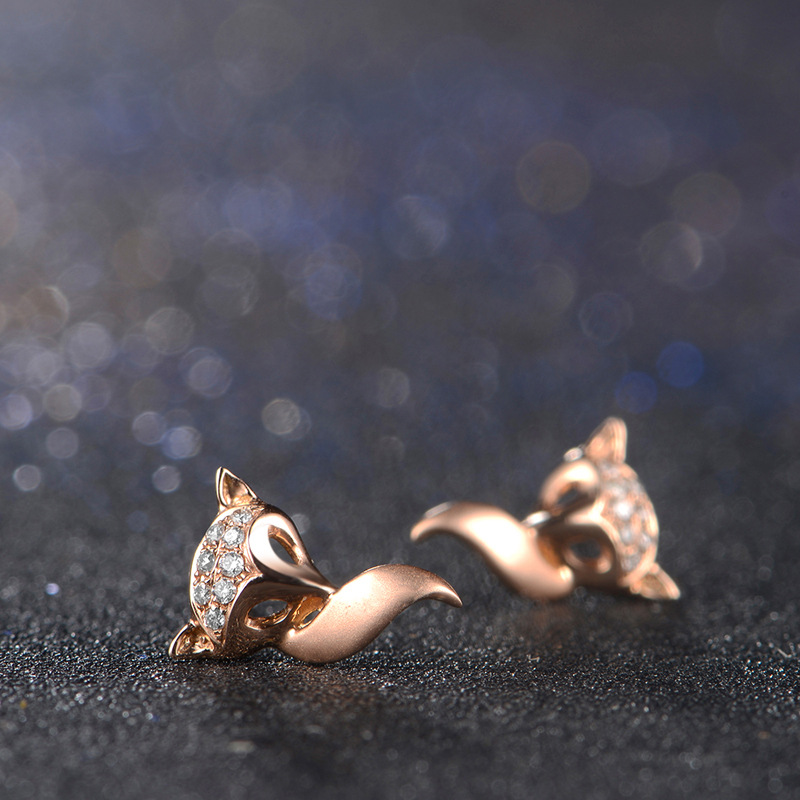 Rose gold color gold 18k Gold diamond earrings Fox animal Earrings goods in stock E14003 Explosive money
