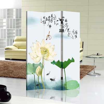 wholesale customized Folding screens hotel to work in an office a living room Entrance partition Two-sided Fabric art Chinese style Lotus Painting