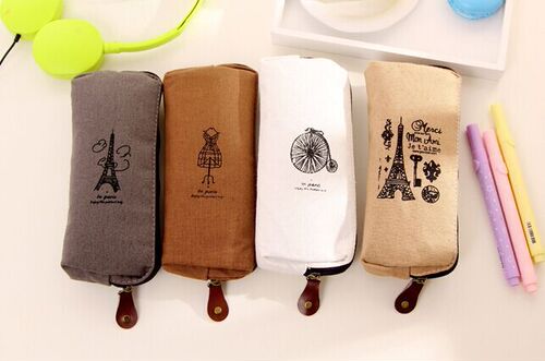Korean version of zakka Paris memory nostalgic retro fabric pen bag canvas storage bag large capacity