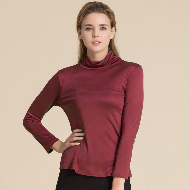 100 Silk Knit Turtleneck Long Sleeve T Shirt Soft Lightweight Solid Color Autumn Winter Womens Essential Top