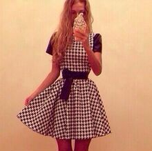 出口俄罗斯外贸 显瘦时尚女装千鸟格短袖腰间镶皮连衣裙子